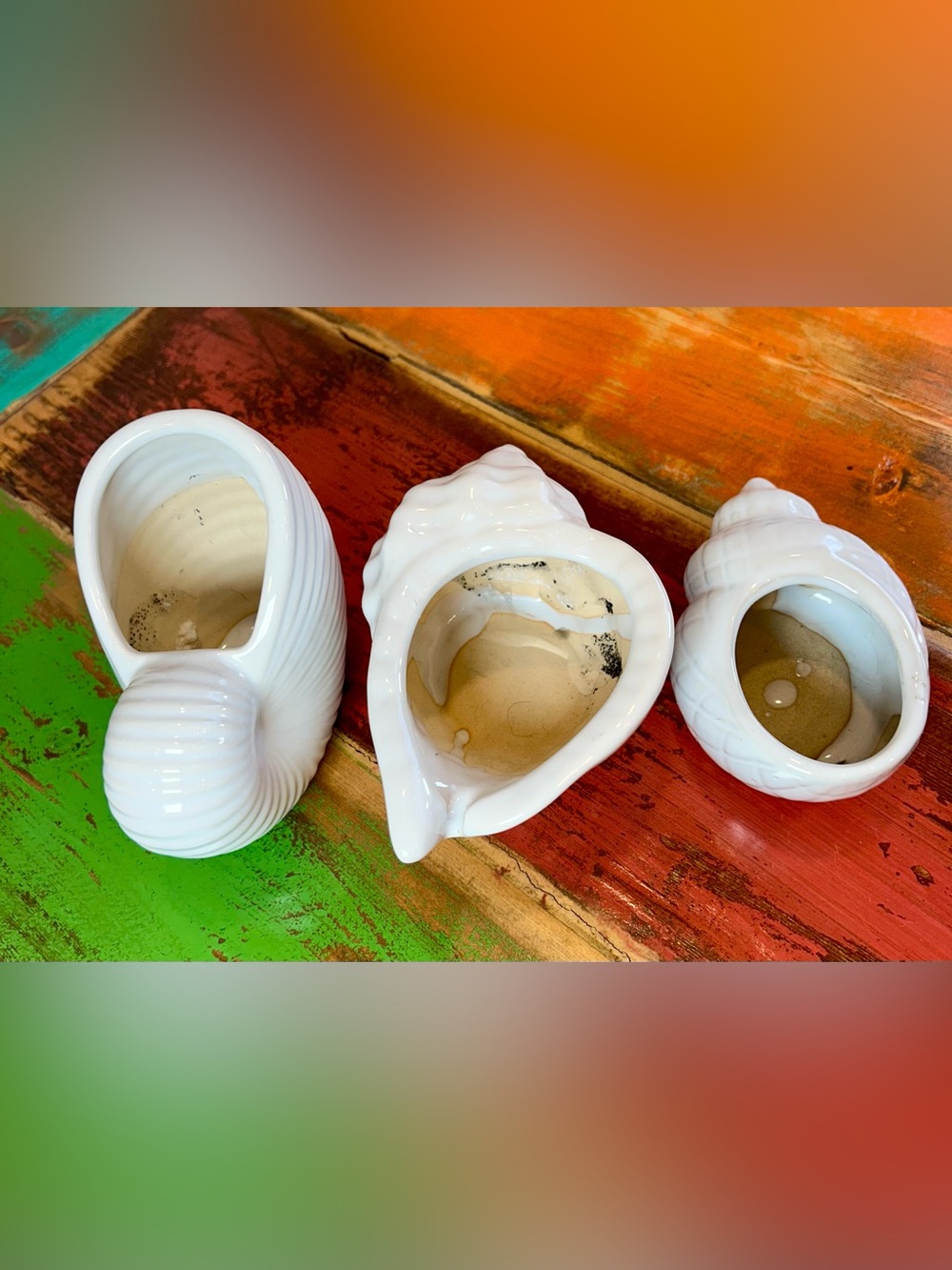 Vintage Pier 1 White Ceramic Seashell Planter Trio Set of 3 Conch Nautilus - Picture 7 of 13